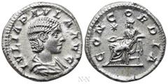 Roman Imperial Coins JULIA PAULA (Augusta, 219-220). Denarius. Rome. Obv: IVLIA PAVLA AVG. Draped bust right. Rev: CONCORDIA. Concordia seated left on throne, holding patera; star to left. RIC 211 (El