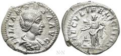 Roman Imperial Coins JULIA MAESA (Augusta, 218-224/5). Denarius. Rome. Obv: IVLIA MAESA AVG. Draped bust right. Rev: SAECVLI FELICITAS. Felicitas standing left, holding caduceus and patera over lighte