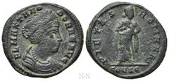 Roman Imperial Coins THEODORA (Died before 337). Ae. Constantinople. Obv: FL MAX THEODORAE AVG. Mantled bust right. Rev: PIETAS ROMANA• / CONSЄ. Pietas standing facing, holding child. RIC 36. Conditio