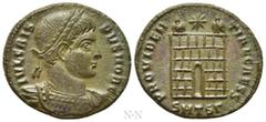 Roman Imperial Coins CRISPUS (Caesar, 316-326). Follis. Thessalonica. Obv: IVL CRISPVS NOB C. Laureate and cuirassed bust right. Rev: PROVIDENTIAE CAESS / SMTSΓ. Campgate with two turrets, no door; st
