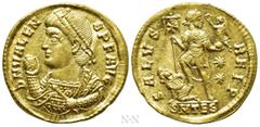 Roman Imperial Coins VALENS (364-378). GOLD Solidus. Thessalonica. Obv: D N VALENS P F AVG. Pearl-diademed bust left, wearing consular robe, holding mappa in right hand and sceptre in left. Rev: SALVS