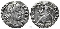 Roman Imperial Coins VALENS (364-378). Siliqua. Treveri. Obv: D N VALENS P F AVG. Diademed, draped and cuirassed bust right. Rev: VRBS ROMA / TRPS•. Roma seated left on throne, holding victoriola and 