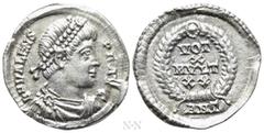 Roman Imperial Coins VALENS (364-378). Siliqua. Antioch. Obv: D N VALENS P F AVG. Pearl-diademed, draped and cuirassed bust right. Rev: VOT / X / MVLT / XX / ANT. Legend in four lines within wreath. R