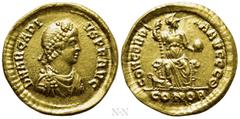 Roman Imperial Coins ARCADIUS (383-408). GOLD Solidus. Constantinople. Obv: D N ARCADIVS P F AVG. Pearl-diademed, draped and cuirassed bust right. Rev: CONCORDIA AVGGG Θ / CONOB. Constantinopolis seat