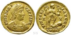 Roman Imperial Coins HONORIUS (393-423). GOLD Solidus. Ravenna. Obv: D N HONORIVS P F AVG. Pearl-diademed, draped and cuirassed bust right. Rev: VICTORIA AVGGG / R - V / COMOB. Honorius standing right