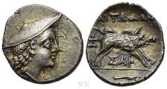 Greek Coins AITOLIA. Aitolian League. Triobol (Circa 205-150 BC). Obv: Head of Aitolia right, wearing kausia. Rev: AITΩΛΩN. Calydonian boar standing right; monogram to left, ΣΑΡ below; spearhead in ex