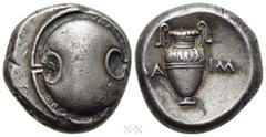 Greek Coins BOEOTIA. Thebes. Stater (Circa 379-368 BC). Daim-, magistrate. Obv: Boeotian shield. Rev: ΔA - IM. Amphora within incuse concave circle. BCD Boiotia 523; Hepworth 18; HGC 4, 1331. Conditio