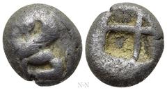 Greek Coins IONIA. Chios. Triobol or Hemidrachm (Circa 435-425 BC). Obv: Sphinx seated left; to left, grape bunch above amphora. Rev: Quadripartite incuse square. SNG Copenhagen 1547; HGC 6, 1126. Con