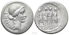 Roman Republican Coins Q. SERVILIUS CAEPIO (M. JUNIUS) BRUTUS. Denarius (54 BC). Rome. Obv: LIBERTAS. Head of Libertas right. Rev: BRVTVS. The consul L. Junius Brutus advancing left between two lictor