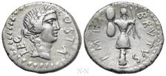 Roman Republican Coins M. JUNIUS BRUTUS (43-42 BC). Denarius. Military mint traveling with Brutus. Pedanius Costa, legate. Obv: LEG COSTA. Laureate head of Apollo to right. Rev: IMP BRVTVS. Trophy wit