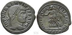 Roman Imperial Coins MAXENTIUS (307-312). Follis. Ostia. Obv: IMP C MAXENTIVS P F AVG. Laureate head right. Rev: VICTORIA AETERNA AVG N / MOSTQ. Victory advancing left with wreath and palm branch. RIC
