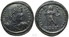 Roman Imperial Coins JOVIAN (363-364). Ae. Antioch. Obv: D N IOVIANVS P F AVG. Laurel and rosette-diademed, draped and cuirassed bust right. Rev: VICTORIA ROMANORVM / ANTB. Jovian standing facing, hea