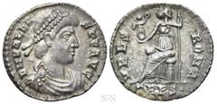Roman Imperial Coins VALENS (364-378). Siliqua. Treveri. Obv: D N VALENS P F AVG. Diademed, draped and cuirassed bust right. Rev: VRBS ROMA / TRPS•. Roma seated left on throne, holding victoriola and 