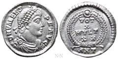 Roman Imperial Coins VALENS (364-378). Siliqua. Antioch. Obv: D N VALENS P F AVG. Pearl-diademed, draped and cuirassed bust right. Rev: VOT / X / MVLT / XX / ANT. Legend in four lines within wreath. R