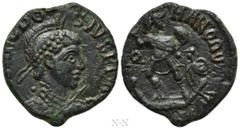 Roman Imperial Coins THEODOSIUS I (379-395). Ae. Uncertain mint. Obv: D N THEODOSIVS P F AVG. Helmeted, diademed, draped and cuirassed bust right, holding shield and spear. Rev: GLORIA ROMANORVM / [..