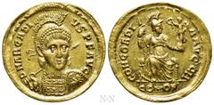 Roman Imperial Coins ARCADIUS (383-408). GOLD Solidus. Constantinople. Obv: D N ARCADIVS P F AVG. Helmeted and cuirassed bust facing slightly right, holding spear and shield decorated with horseman mo