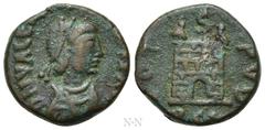 Roman Imperial Coins VALENTINIAN III (425-455). Nummus. Rome. Obv: D N VALENTINIANVS P F AVG. Diademed, draped and cuirassed bust right. Rev: VOT PVB / RSM. Camp gate, with two turrets and open doorwa