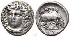 Greek Coins THESSALY. Larissa. Drachm (Circa 356-342 BC). Obv: Head of the nymph Larissa facing slightly left, with hair in ampyx. Rev: ΛΑΡΙΣ / ΑΙΩΝ. Horse standing right, preparing to lie down; branc