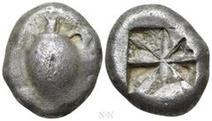 Greek Coins ATTICA. Aegina. Stater (Circa 550-530/25 BC). Obv: Sea turtle, head turned to left in profile. Rev: Deep incuse square of proto-“Union Jack” pattern with eight segments. Meadows, Aegina, G