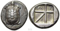 Greek Coins ATTICA. Aegina. Stater (Circa 350). Obv: Land turtle with segmented shell. Rev: Skew incuse pattern; A-I in upper incuses. Milbank -; BMC -; HGC 6, 439 var. (letters); Stack's Bowers Galle