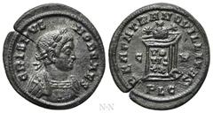 Roman Imperial Coins CRISPUS (Caesar, 316-326). Follis. Lugdunum. Obv: CRISPVS NOB CAES. Laureate and cuirassed bust right. Rev: BEATA TRANQVILLITAS / C - R / PLG. Altar surmounted by globe and inscri