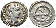 Roman Imperial Coins VALENS (364-378). Siliqua. Rome. Obv: D N VALENS P F AVG. Diademed, draped and cuirassed bust right. Rev: VOT / V / MV•LT / X / RB. Legend in four lines within wreath. RIC 10c.2. 