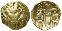 Byzantine Coins ANDRONICUS II with MICHAEL IX ? (1295-1320). GOLD Hyperpyron. Constantinople. Obv: Half-length figure of the Virgin Mary, orans, within city wall of six towers; sigla: V / Φ |retrograd