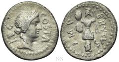 Roman Republican Coins M. JUNIUS BRUTUS (43-42 BC). Denarius. Military mint traveling with Brutus. Pedanius Costa, legate. Obv: LEG COSTA. Laureate head of Apollo to right. Rev: IMP BRVTVS. Trophy wit