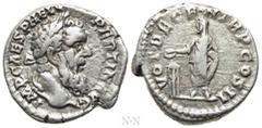 Roman Imperial Coins PERTINAX (193). Denarius. Rome. Obv: IMP CAES P HELV PERTIN AVG. Laureate head right. Rev: VOT DECEN TR P COS II. Pertinax standing left, sacrificing out of patera over lighted tr