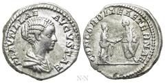 Roman Imperial Coins PLAUTILLA (Augusta, 202-205). Denarius. Rome. Obv: PLAVTILLAE AVGVSTAE. Draped bust right. Rev: CONCORDIAE AETERNAE. Caracalla and Plautilla standing facing one another, clasping 