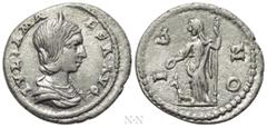 Roman Imperial Coins JULIA MAESA (Augusta, 218-224/5). Denarius. Antioch. Obv: IVLIA MAESA AVG. Diademed and draped bust right. Rev: IVNO. Juno standing left, holding patera and sceptre; to left, peac