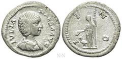 Roman Imperial Coins JULIA MAESA (Augusta, 218-224/5). Denarius. Antioch. Obv: IVLIA MAESA AVG. Draped bust right. Rev: IVNO. Juno standing left, holding patera and sceptre; to left, peacock standing 