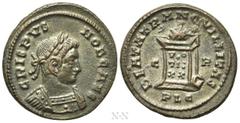 Roman Imperial Coins CRISPUS (Caesar, 316-326). Follis. Lugdunum. Obv: CRISPVS NOB CAES. Laureate and cuirassed bust right. Rev: BEATA TRANQVILLITAS / C - R / PLG. Altar surmounted by globe and inscri