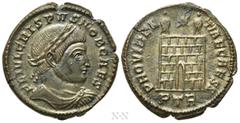 Roman Imperial Coins CRISPUS (Caesar, 316-326). Follis. Treveri. Obv: FL IVL CRISPVS NOB CAES. Laureate, draped and cuirassed bust right, seen from behind. Rev: PROVIDENTIAE CAESS / PTR. Campgate with