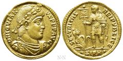 Roman Imperial Coins JOVIAN (363-364). GOLD Solidus. Sirmium. Obv: D N IOVIANVS P F AVG. Rosette-diademed, draped and cuirassed bust right. Rev: SECVRITAS REIPVBLICE / (star) SIRM•. Jovian standing le