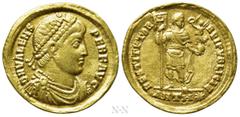 Roman Imperial Coins VALENS (364-378). GOLD Solidus. Antioch. Obv: D N VALENS PER F AVG. Pearl-diademed, draped and cuirassed bust right. Rev: RESTITVTOR REIPVBLICAE / ANTH (star). Valens standing fac