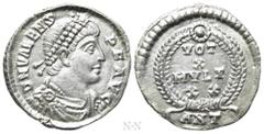Roman Imperial Coins VALENS (364-378). Siliqua. Antioch. Obv: D N VALENS P F AVG. Pearl-diademed, draped and cuirassed bust right. Rev: VOT / X / MVLT / XX / ANT. Legend in four lines within wreath. R