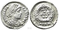 Roman Imperial Coins VALENS (364-378). Siliqua. Antioch. Obv: D N VALENS PER F AVG. Pearl-diademed, draped and cuirassed bust right. Rev: VOT / X / MVLT / XX / •AN(TA). Legend in four lines within wre