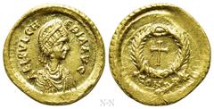 Roman Imperial Coins AELIA PULCHERIA (Augusta, 414-453). GOLD Tremissis. Constantinople. Obv: AEL PVLCHERIA AVG. Diademed, draped and cuirassed bust right. Rev: CONOB (star). Cross within wreath. RIC 