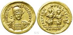 Roman Imperial Coins THEODOSIUS II (402-450). GOLD Solidus. Constantinople. Obv: D N THEODOSIVS P F AVG. Helmeted and cuirassed bust facing slightly right, holding spear and shield decorated with hors
