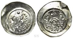 Medieval Coins FRANCE. Alsace. Anonymous. Pfennig (Circa 12th-13th century). Obv: Bust of bishop left, raising hand in benediction and holding crozier; star above. Rev: Three-towered building; cross w