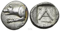 Greek Coins ARGOLIS. Argos. Triobol (Circa 330-270 BC). Obv: Forepart of wolf at bay left. Rev: Large A; N-I above; below, club right; all within incuse square. BCD Peloponnesos 1075.6; SNG Copenhagen