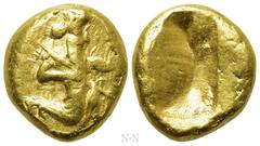 Greek Coins ACHAEMENID EMPIRE. Time of Darios I to Xerxes II (Circa 485-420 BC). GOLD Daric. Sardes. Obv: Persian king in kneeling-running stance right, holding spear and bow, with quiver over shoulde