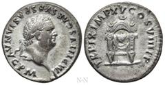 Roman Imperial Coins TITUS (79-81). Denarius. Rome. Obv: IMP TITVS CAES VESPASIAN AVG P M. Laureate head right. Rev: TR P IX IMP XV COS VIII P P. Draped semicircular pulvinar, decorated with three cre