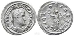 Roman Imperial Coins MAXIMINUS THRAX (235-238). Denarius. Rome. Obv: MAXIMINVS PIVS AVG GERM. Laureate, draped and cuirassed bust right. Rev: VICTORIA GERM. Victory standing left with wreath and palm 