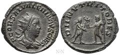 Roman Imperial Coins SALONINUS (Caesar, 258-260). Antoninianus. Antioch. Obv: P COR SAL VALERIANVS CAES. Radiate, draped and cuirassed bust right. Rev: DII NVTRITORES. Prince standing right, holding s