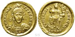 Roman Imperial Coins ARCADIUS (383-408). GOLD Solidus. Constantinople. Obv: D N ARCADIVS P F AVG. Helmeted and cuirassed bust facing slightly right, holding spear and shield decorated with horseman mo