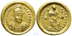 Roman Imperial Coins HONORIUS (393-423). GOLD Solidus. Constantinople. Obv: D N HONORIVS P F AVG. Helmeted and cuirassed bust facing slightly right, holding spear and shield decorated with horseman mo