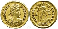 Roman Imperial Coins HONORIUS (393-423). GOLD Solidus. Ravenna. Obv: D N HONORIVS P F AVG. Pearl-diademed, draped and cuirassed bust right. Rev: VICTORIA AVGGG / R - V / COMOB. Honorius standing right
