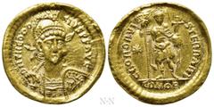 Roman Imperial Coins THEODOSIUS II (402-450). GOLD Solidus. Constantinople. Obv: D N THEODOSIVS P F AVG. Helmeted and cuirassed bust facing slightly right, holding spear and shield decorated with hors